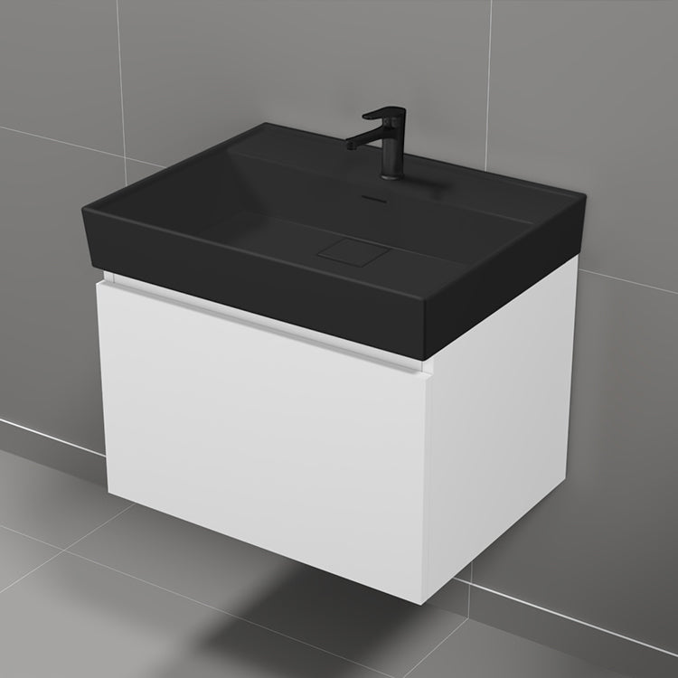 Modern Bathroom Vanity With Black Sink, Wall Mounted, 24", Glossy White