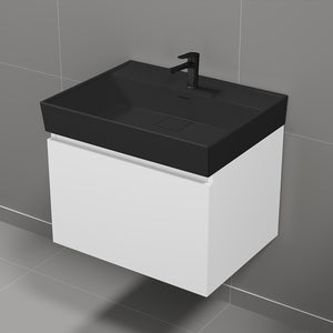 Modern Bathroom Vanity With Black Sink, Wall Mounted, 24", Glossy White