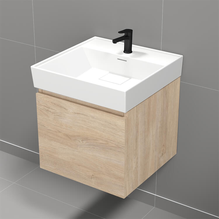 Small Bathroom Vanity, Modern, Wall Mounted, 18", Brown Oak