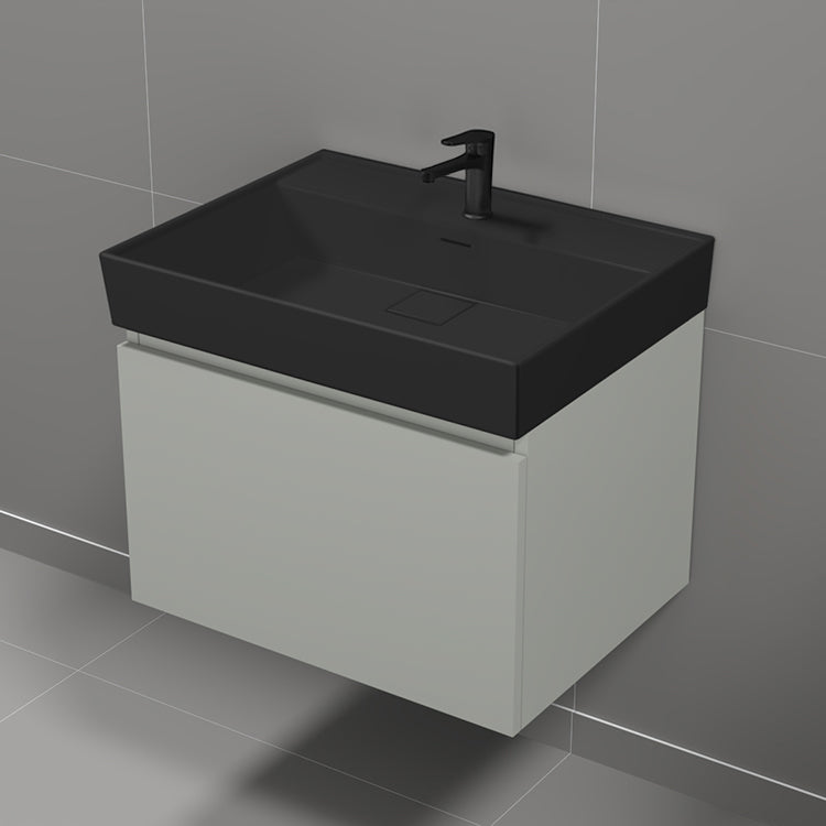 Modern Bathroom Vanity With Black Sink, Wall Mounted, 24", Grey Mist