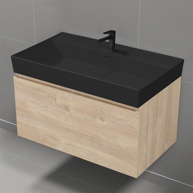 Modern Bathroom Vanity With Black Sink, Wall Mounted, 32", Brown Oak
