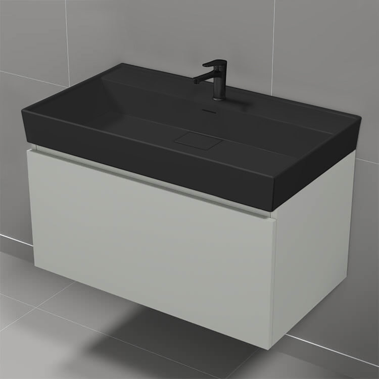 32" Bathroom Vanity With Black Sink, Modern, Wall Mounted, Grey Mist