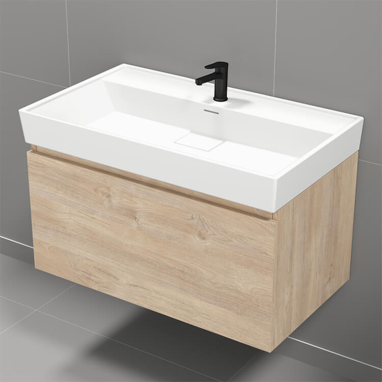 Modern Bathroom Vanity, Wall Mounted, 32", Brown Oak