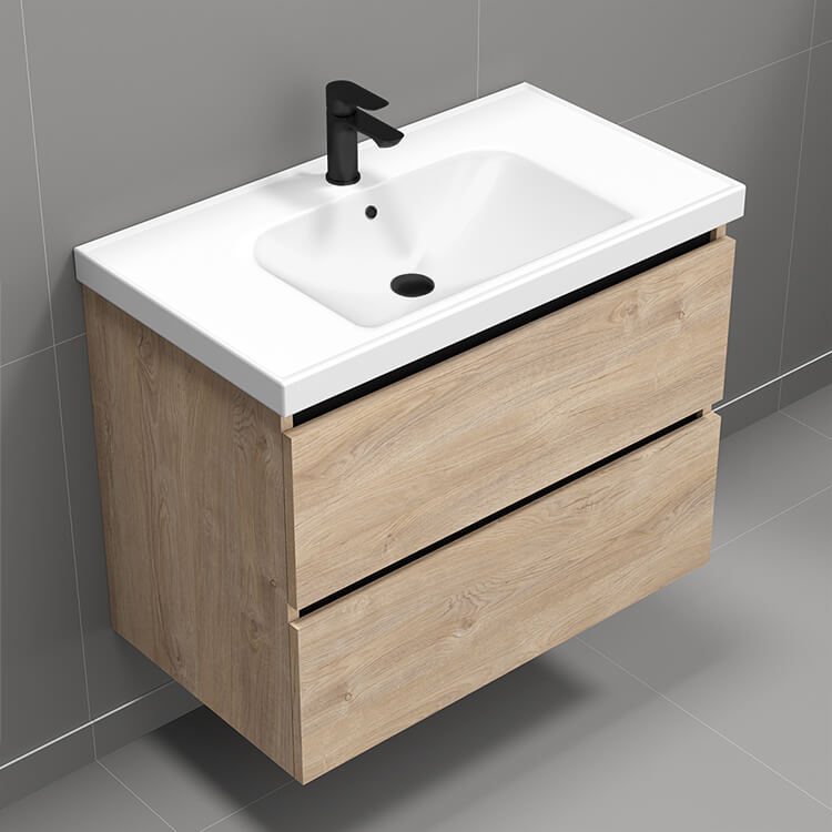 32" Bathroom Vanity, Wall Mounted, Brown Oak