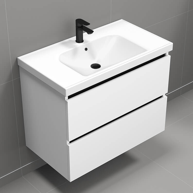 Bathroom Vanity, Wall Mounted, 32", Glossy White