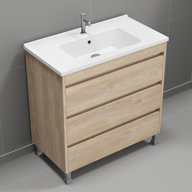 Bathroom Vanity, 34", Free Standing, Brown Oak