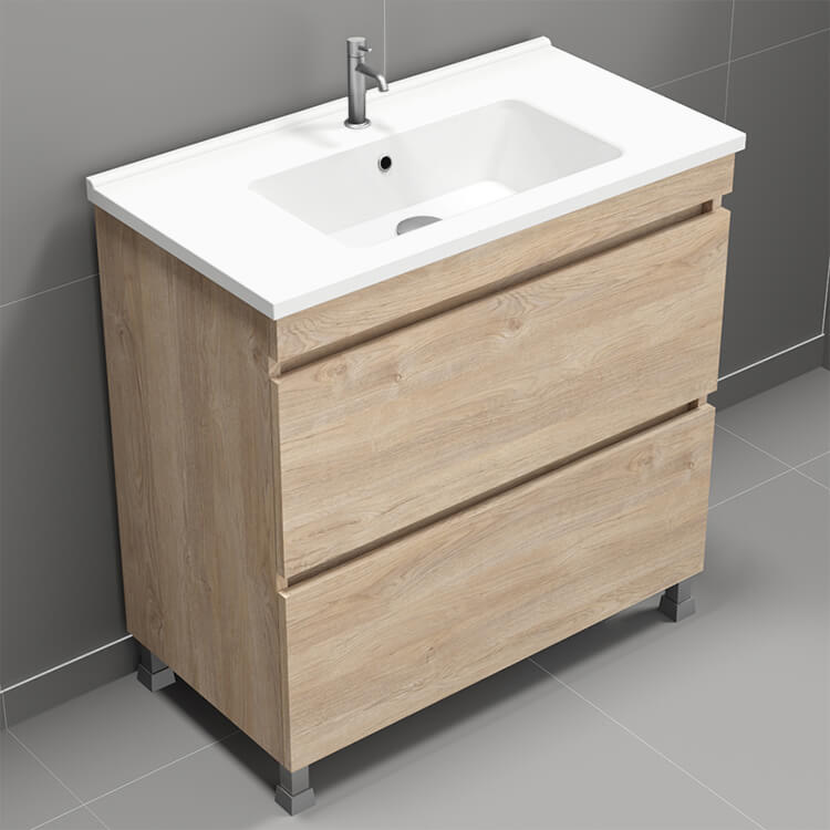 Free Standing Bathroom Vanity, Brown Oak, 34"