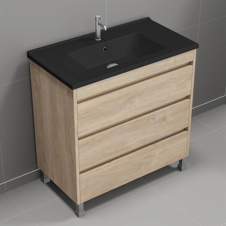 Bathroom Vanity With Black Sink, 34", Free Standing, Brown Oak