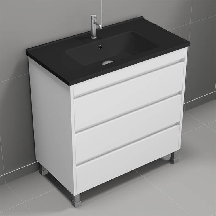 Floor Standing Bathroom Vanity, Black Sink, Modern, 34", Glossy White