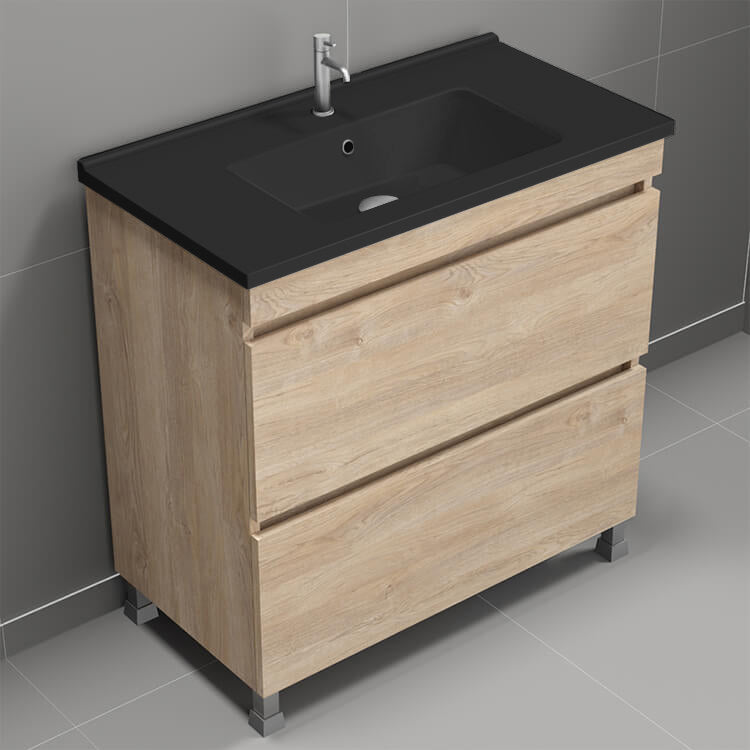 Free Standing Bathroom Vanity With Black Sink, 34", Brown Oak