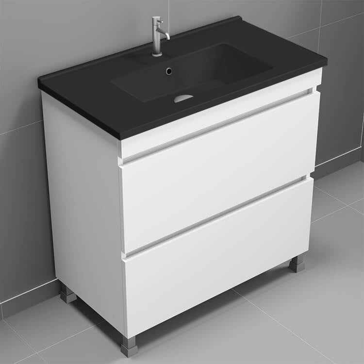 Bathroom Vanity With Black Sink, Free Standing, 34", Glossy White