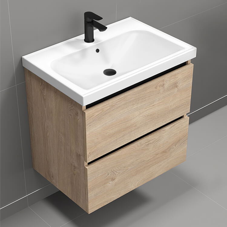 Modern Bathroom Vanity, Wall Mounted, 26", Brown Oak