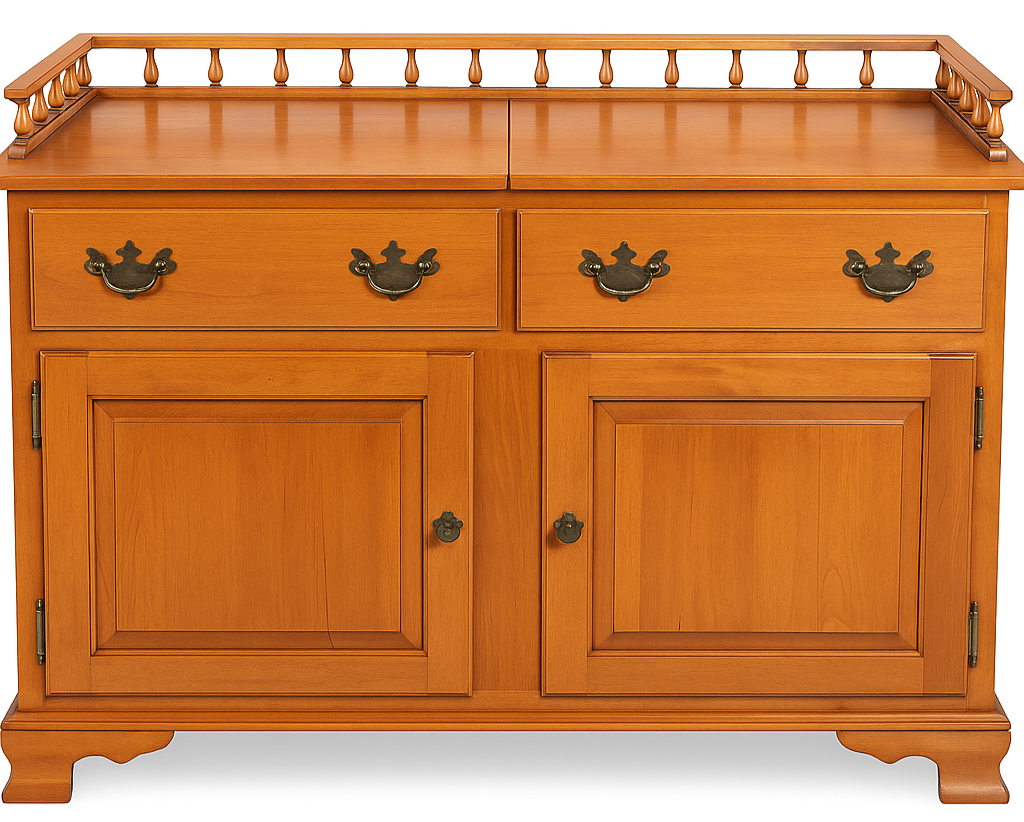 Wooden sideboard with two drawers and two doors on a white background, labeled 'Solid American Sprague & Carleton'.