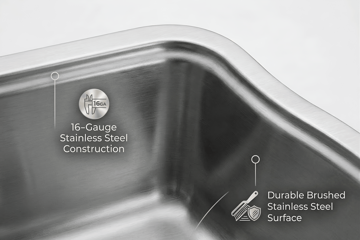 Stainless steel sink with text indicating 16-gauge construction and durable surface.