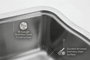 Stainless steel sink with text indicating 16-gauge construction and durable surface.