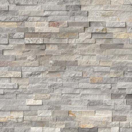 Sunset silver splitface ledger panel 6X24 natural quartzite wall tile LPNLQSUNSIL624 product shot multiple tiles angle view