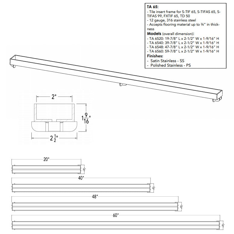 Infinity Drain TA 6540 40" Tile Insert Frame for TIF, TIF AS, FX TIF