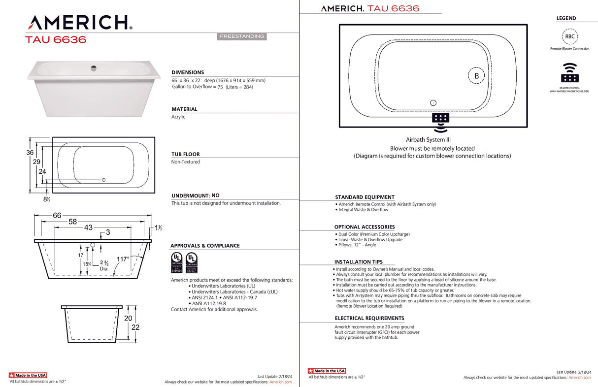 Americh TA6636T-WH Tau 6636 - Tub Only - White