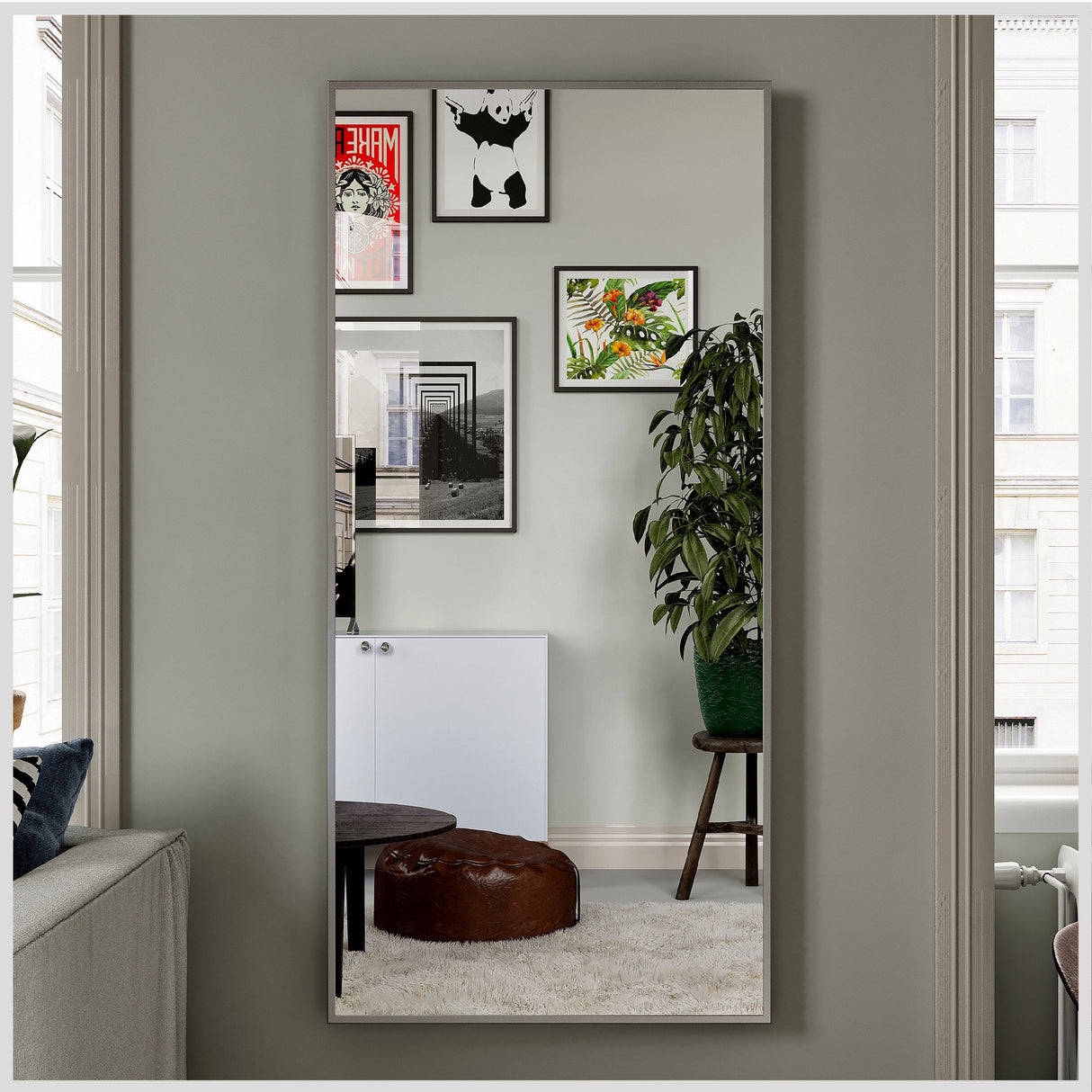 Eviva Sax 60" x 30" Rectangular Brushed Nickel Metal Framed Mirror