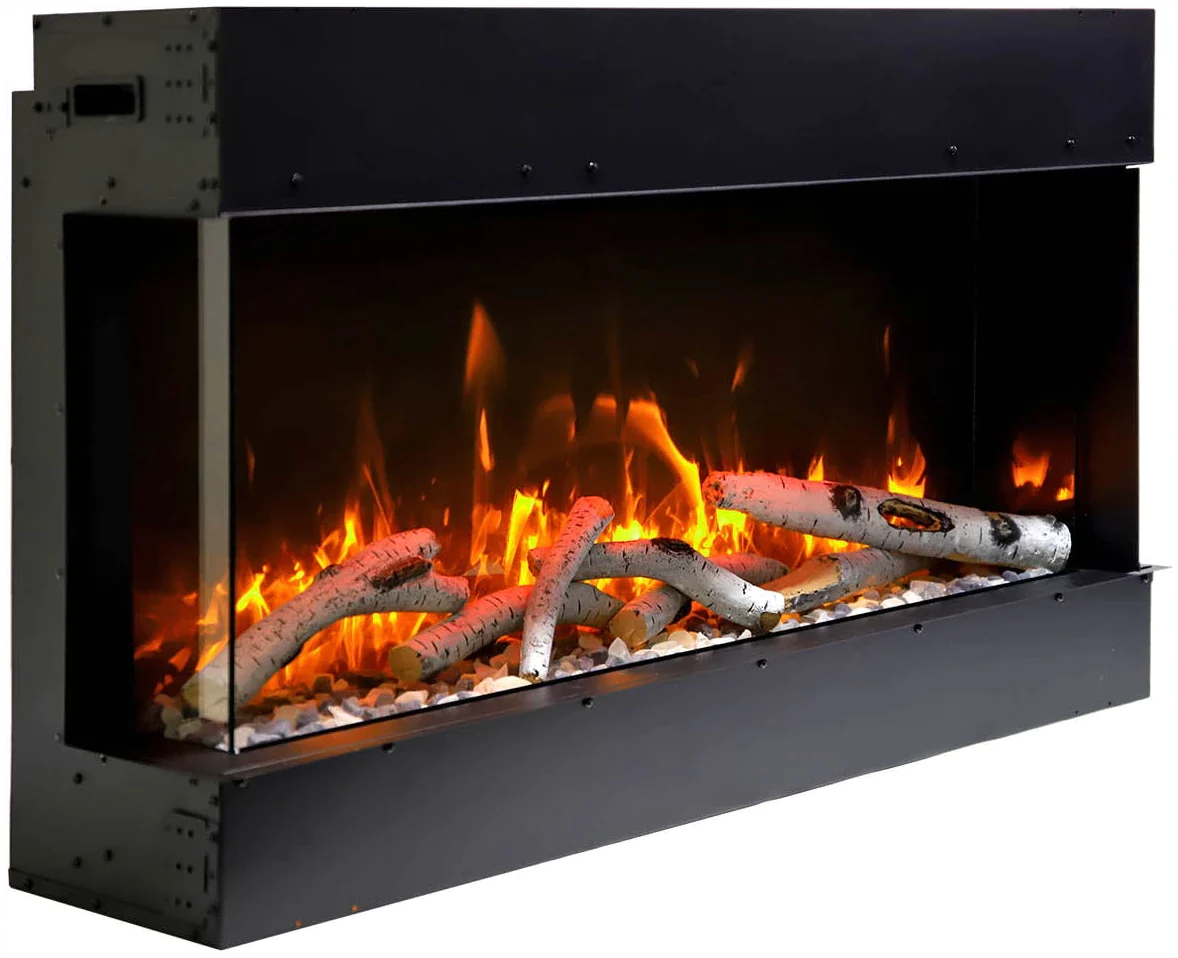 Amantii 72-TRV-SLIM Trv View Slim Smart Electric - 72" Indoor / Outdoor WiFi Enabled 3 Sided Fireplace Featuring a depth of 10 5/8", MultiFunction Remote Control, Multi Speed Flame Motor, and a 10 piece Birch Log Set