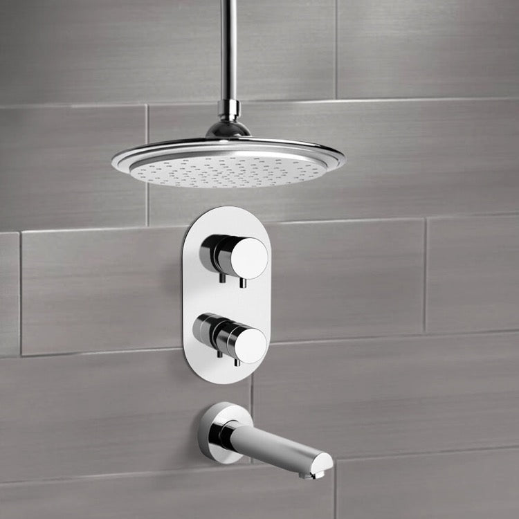 Chrome Thermostatic Tub and Shower Faucet Sets with 9" Rain Ceiling Shower Head