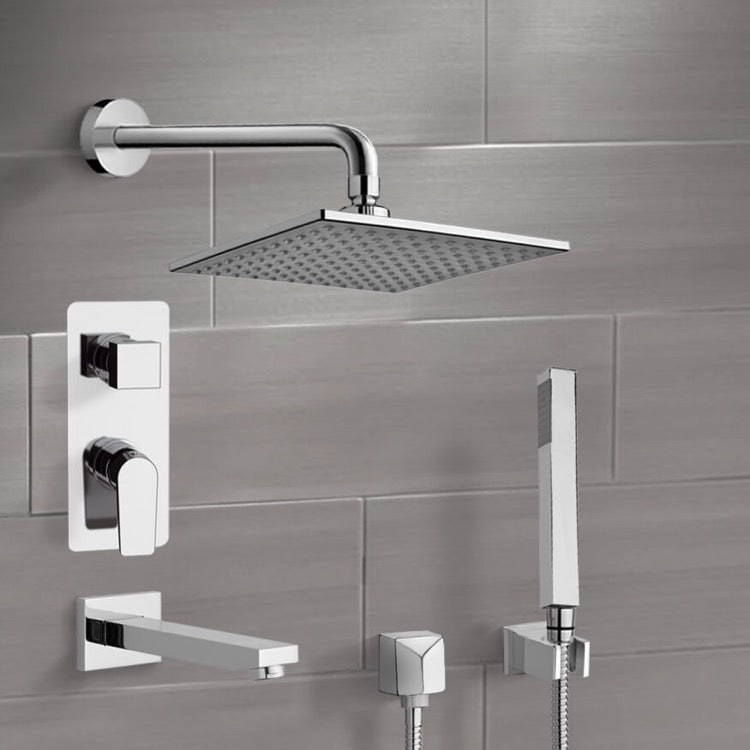 Chrome Tub and Shower System with 8" Rain Shower Head and Hand Shower