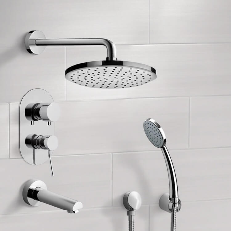 Chrome Tub and Shower System with 12" Rain Shower Head and Hand Shower
