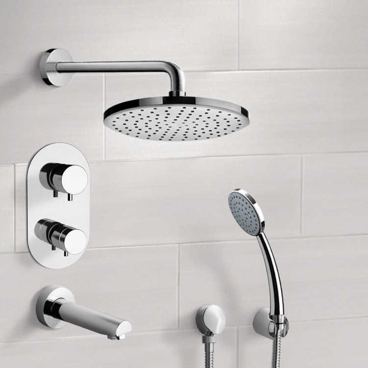 Chrome Thermostatic Tub and Shower System with 12" Rain Shower Head and Hand Shower