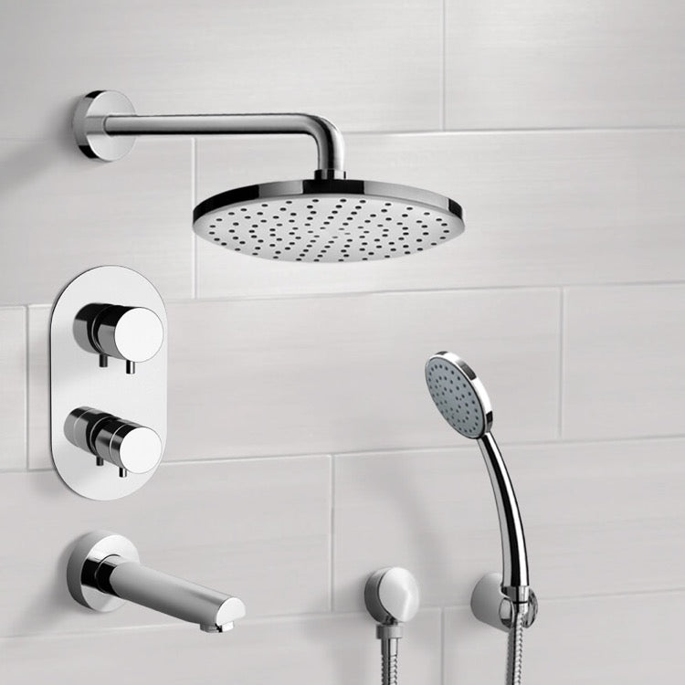 Chrome Thermostatic Tub and Shower System with 10" Rain Shower Head and Hand Shower
