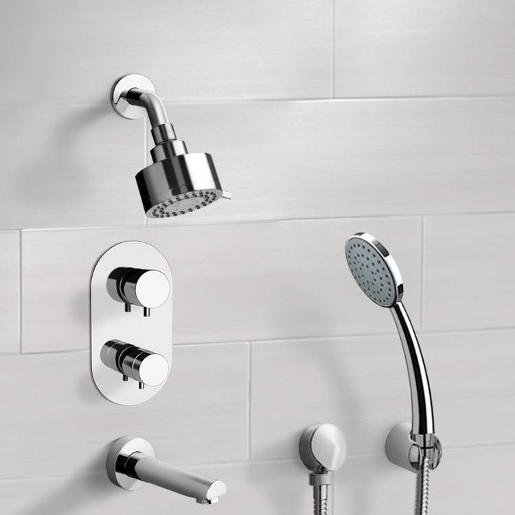 Chrome Thermostatic Tub and Shower System with Multi Function Shower Head and Hand Shower