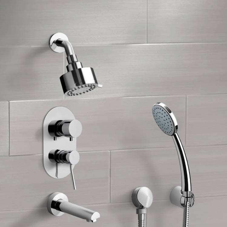 Chrome Tub and Shower System with Multi Function Shower Head and Hand Shower