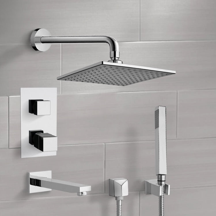 Chrome Thermostatic Tub and Shower System with 8" Rain Shower Head and Hand Shower