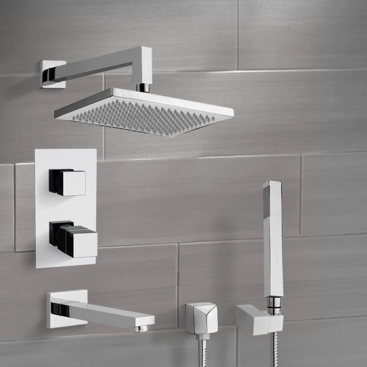 Chrome Thermostatic Tub and Shower System with 9.5" Rain Shower Head and Hand Shower