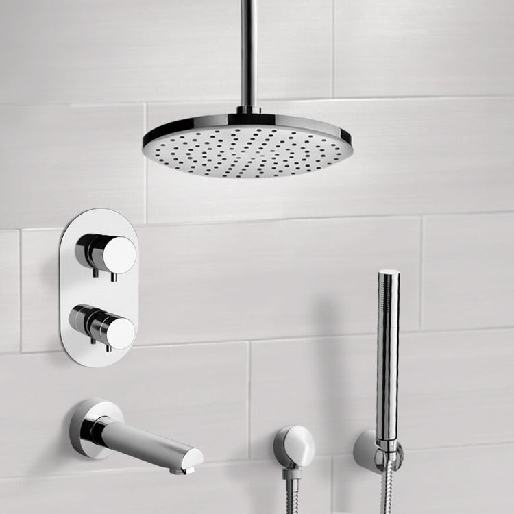 Chrome Thermostatic Tub and Shower System with 8" Rain Ceiling Shower Head and Hand Shower