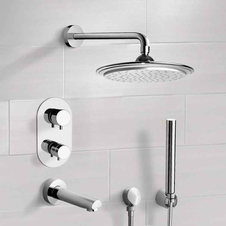 Chrome Thermostatic Tub and Shower System with 9" Rain Shower Head and Hand Shower