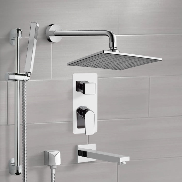 Chrome Tub and Shower System with 8" Rain Shower Head and Hand Shower