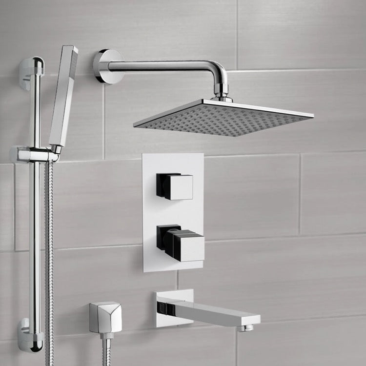 Chrome Thermostatic Tub and Shower System with 8" Rain Shower Head and Hand Shower