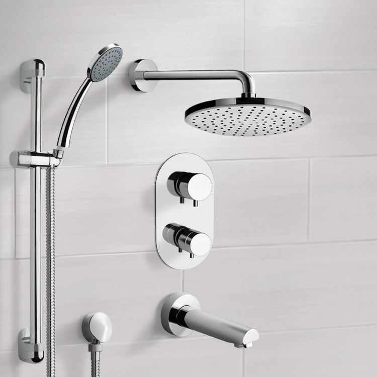 Chrome Thermostatic Tub and Shower System with 8" Rain Shower Head and Hand Shower