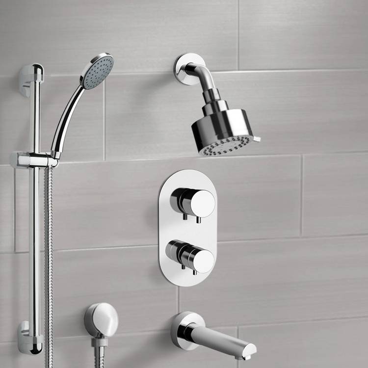 Chrome Thermostatic Tub and Shower System with Multi Function Shower Head and Hand Shower