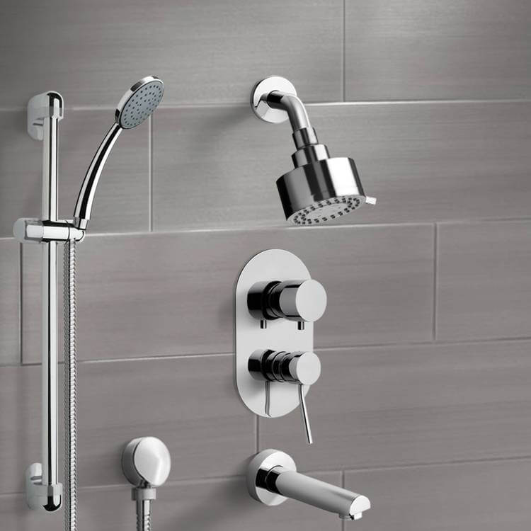 Chrome Tub and Shower System with Multi Function Shower Head and Hand Shower