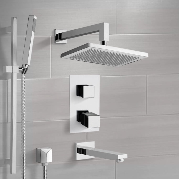 Chrome Thermostatic Tub and Shower System with 9.5" Rain Shower Head and Hand Shower