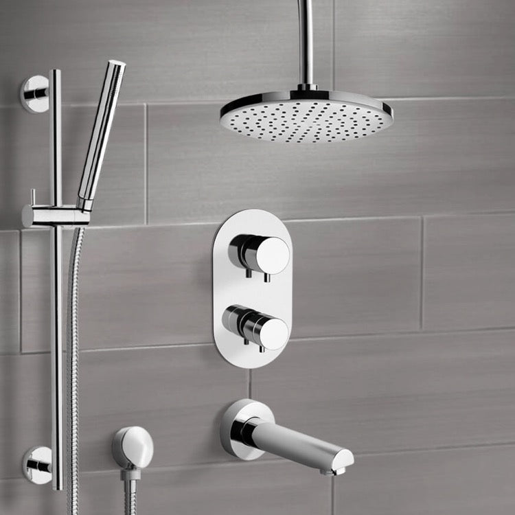 Chrome Thermostatic Tub and Shower System with 8" Rain Ceiling Shower Head and Hand Shower