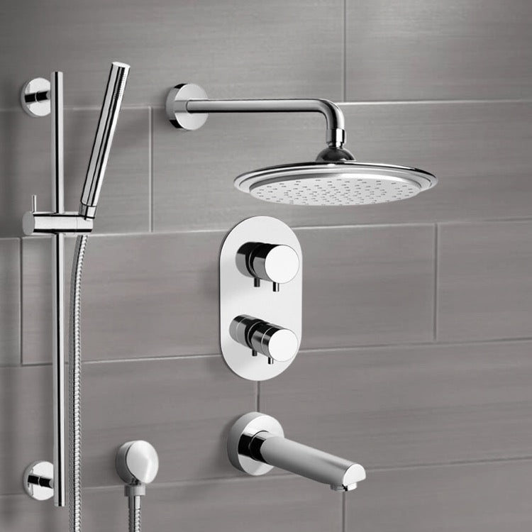 Chrome Thermostatic Tub and Shower System with 9" Rain Shower Head and Hand Shower