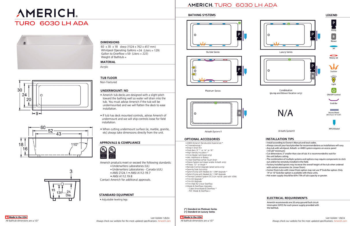 Americh TO6030ADATLA5WH Turo 6030 ADA Left Hand - Tub Only / Airbath 5 - White