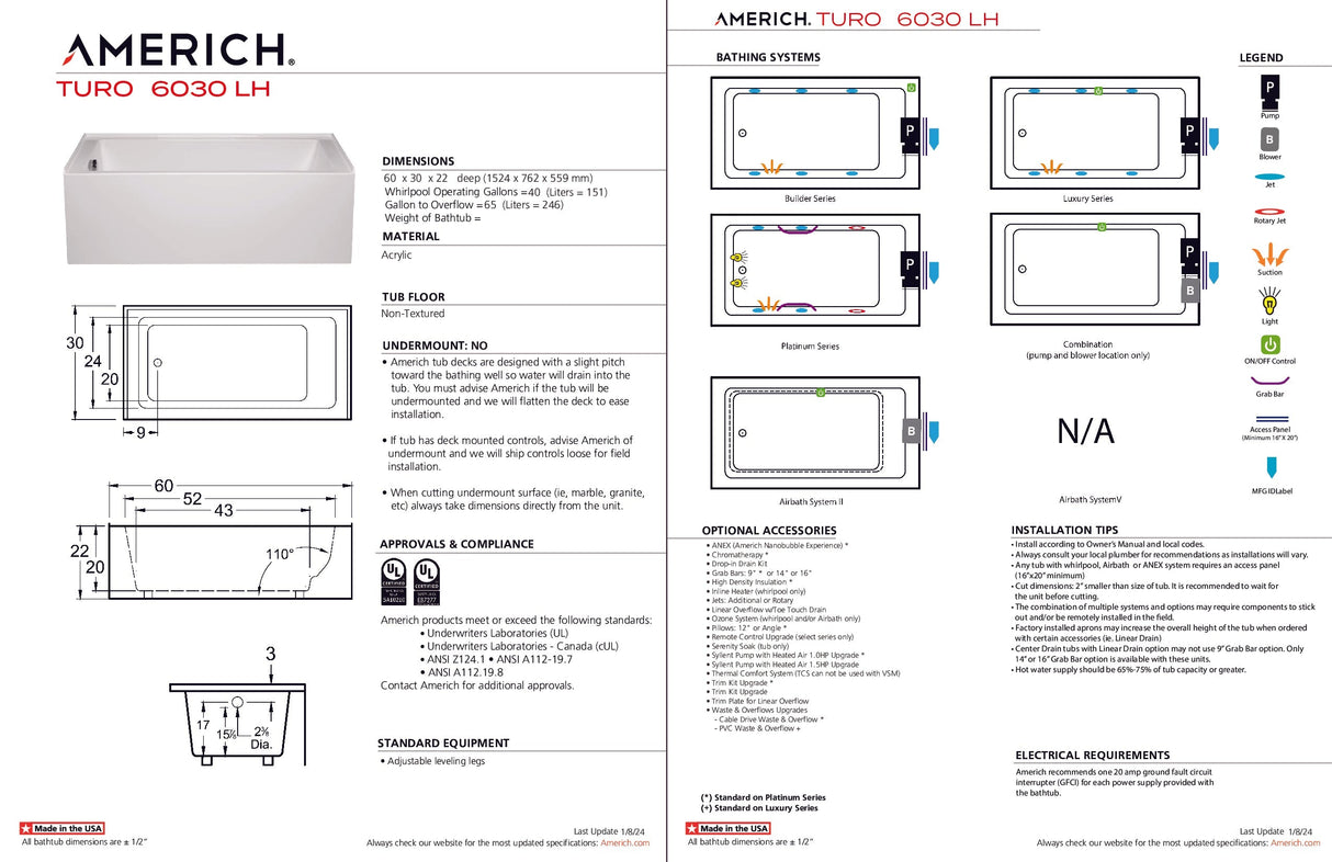 Americh TO6030TLA5-WH Turo 6030 Left Hand - Tub Only / Airbath 5 - White