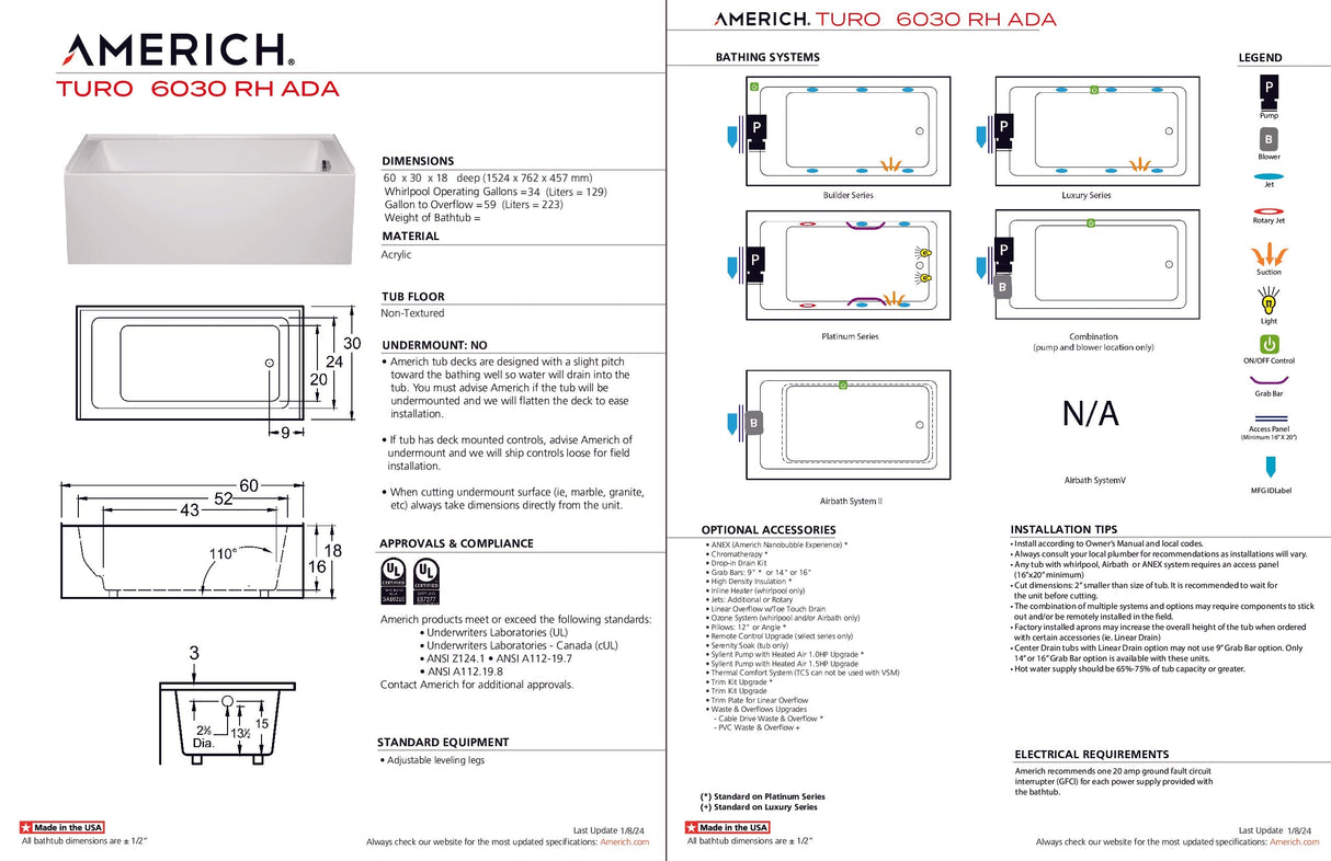 Americh TO6030ADATRA5WH Turo 6030 ADA Right Hand - Tub Only / Airbath 5 - White
