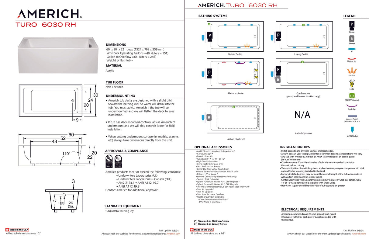 Americh TO6030TRA5-WH Turo 6030 Right Hand - Tub Only / Airbath 5 - White