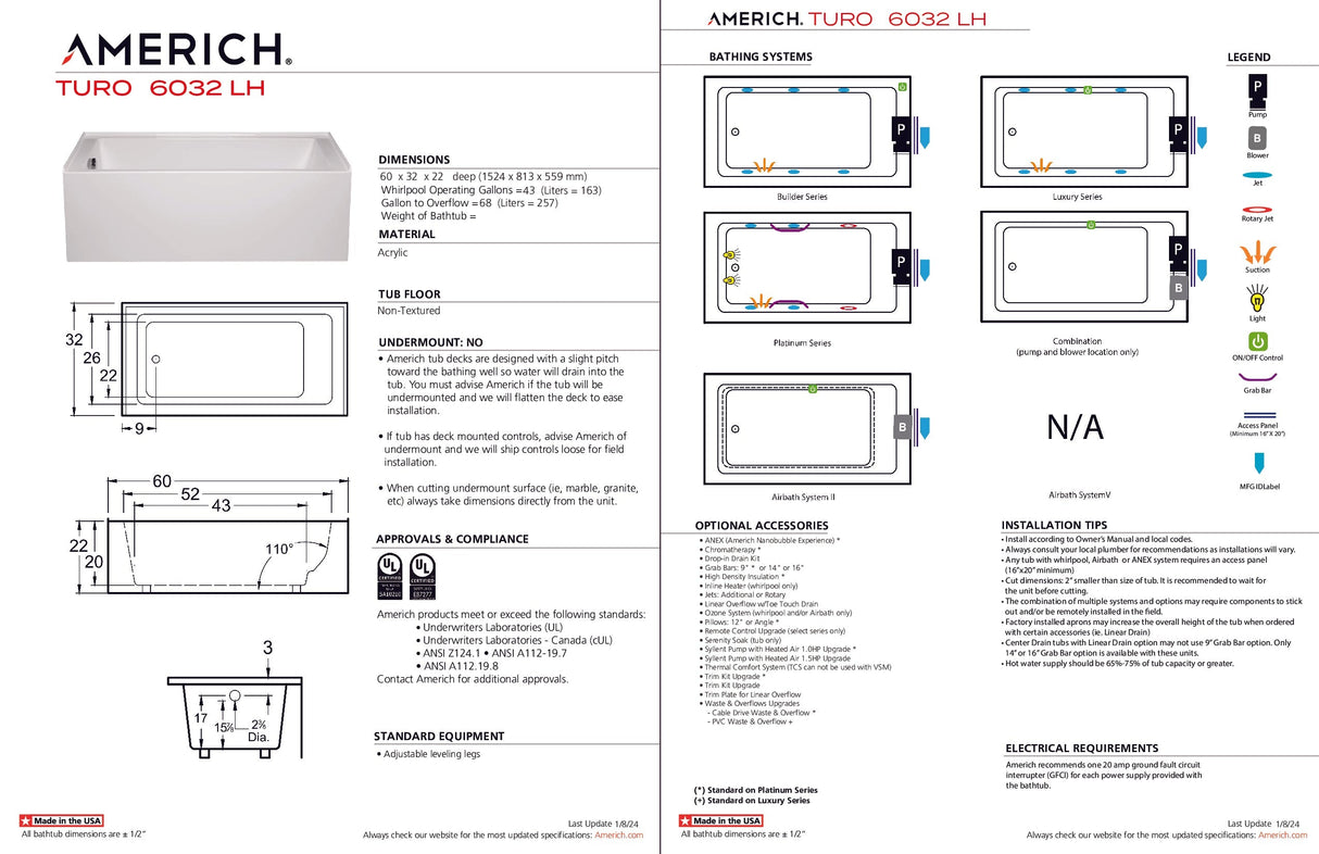 Americh TO6032TLA5-WH Turo 6032 Left Hand - Tub Only / Airbath 5 - White