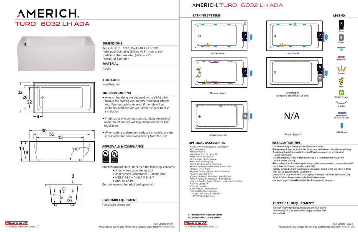 Americh TO6032ADATLA2BI Turo 6032 ADA Left Hand - Tub Only / Airbath 2 - Biscuit