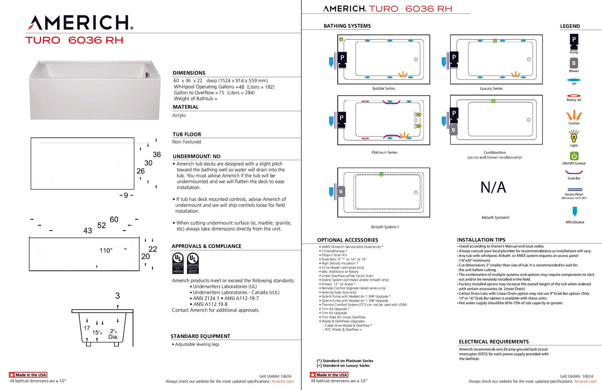 Americh TO6036TRA5-WH Turo 6036 Right Hand - Tub Only / Airbath 5 - White